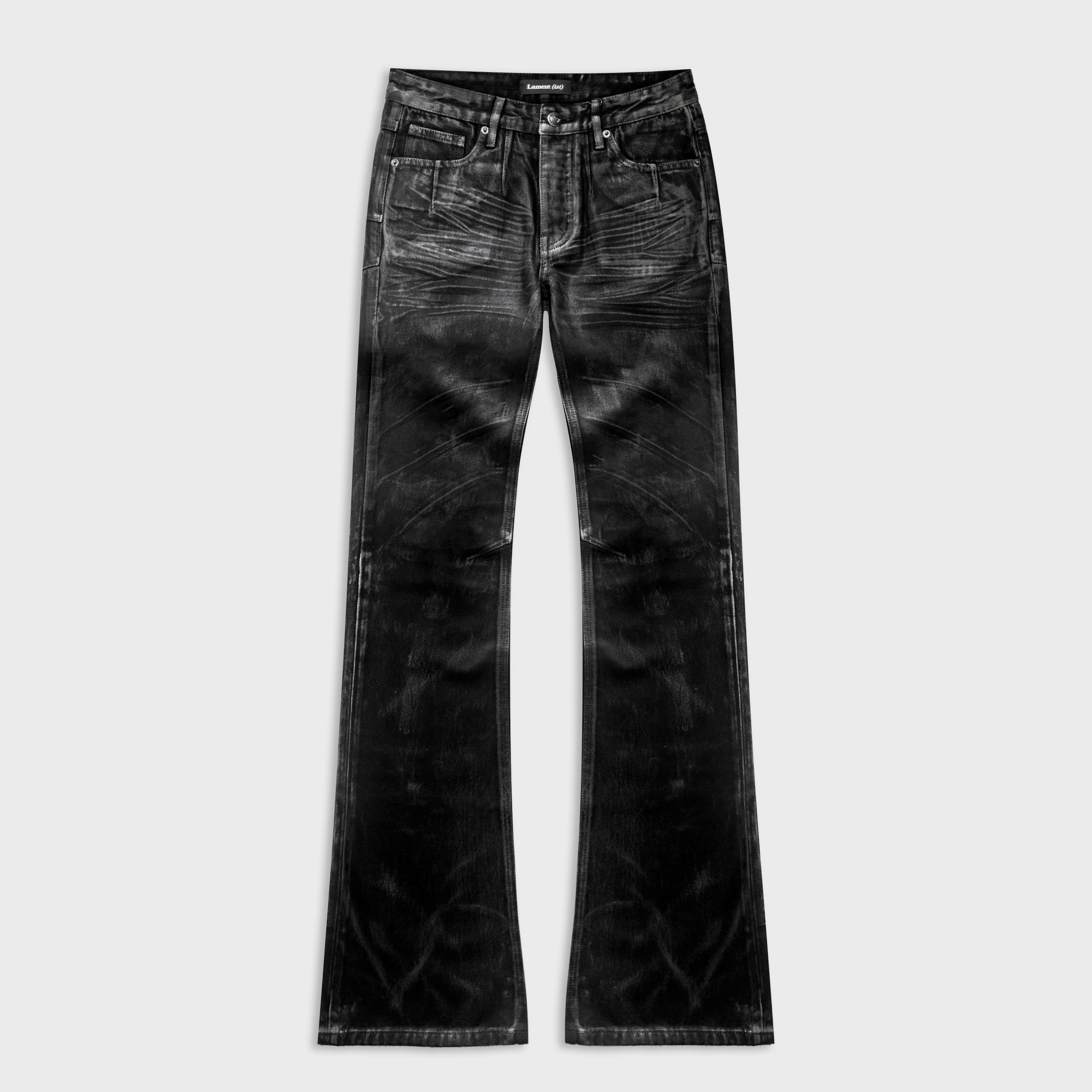 BACKSTAGE V2 FLARED JEANS IN WAXED SELVEDGE CHARCOAL DENIM | LAMENTIST