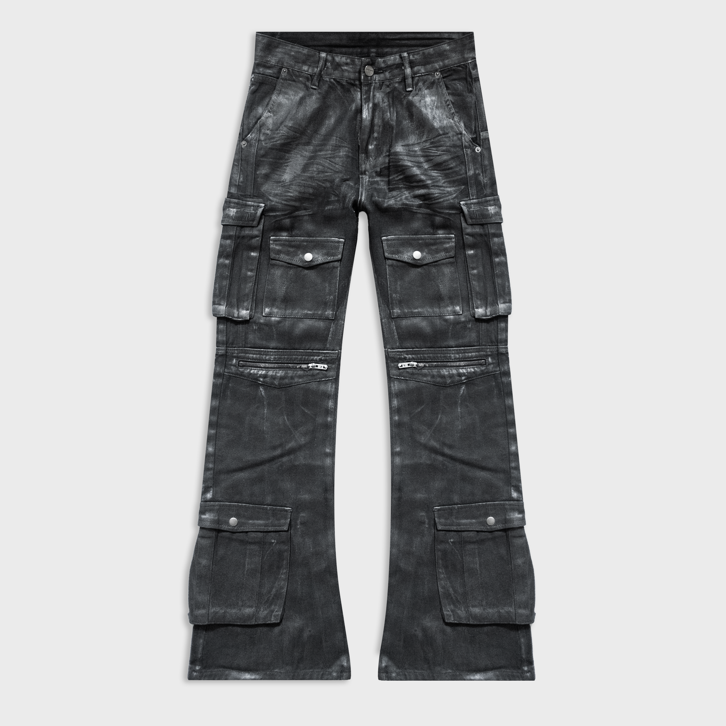 BACKSTAGE FLARED CARGOS IN WAXED CHARCOAL DENIM | LAMENTIST