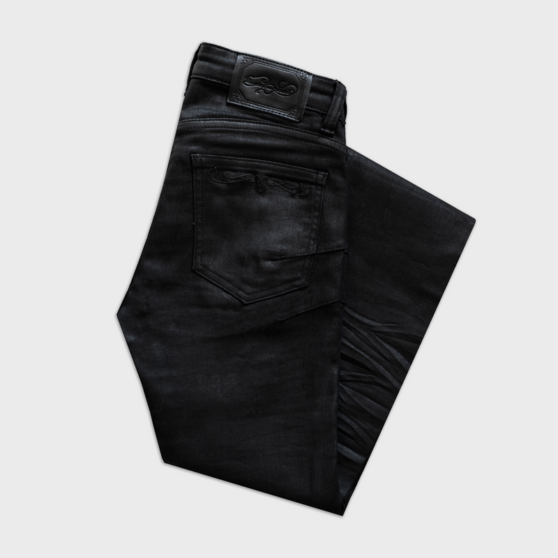 AMÉLIE SKINNY FLARED JEANS IN WAXED NOIR DENIM