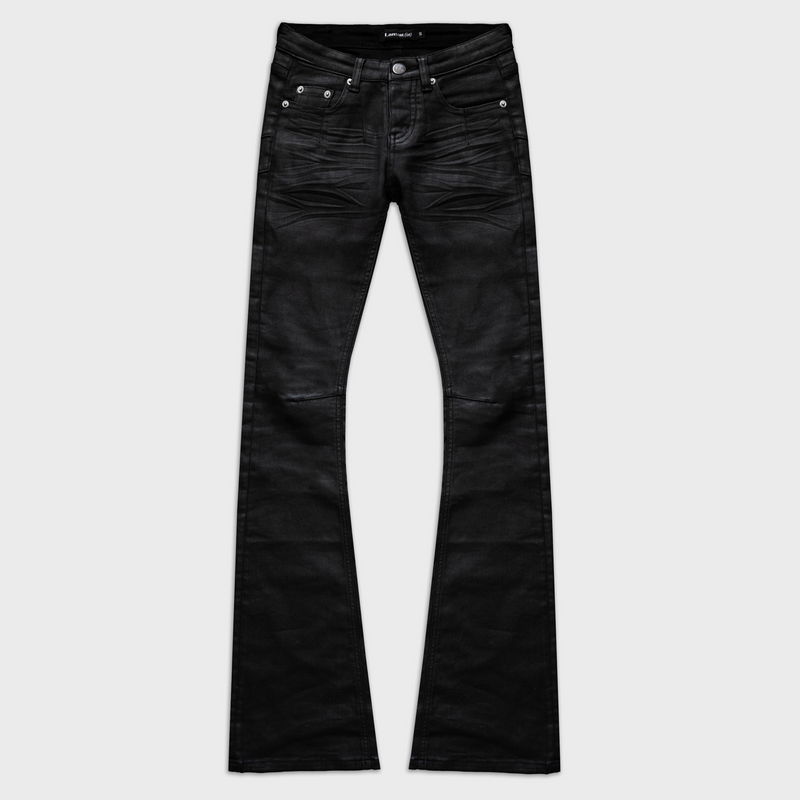 AMÉLIE SKINNY FLARED JEANS IN WAXED NOIR DENIM
