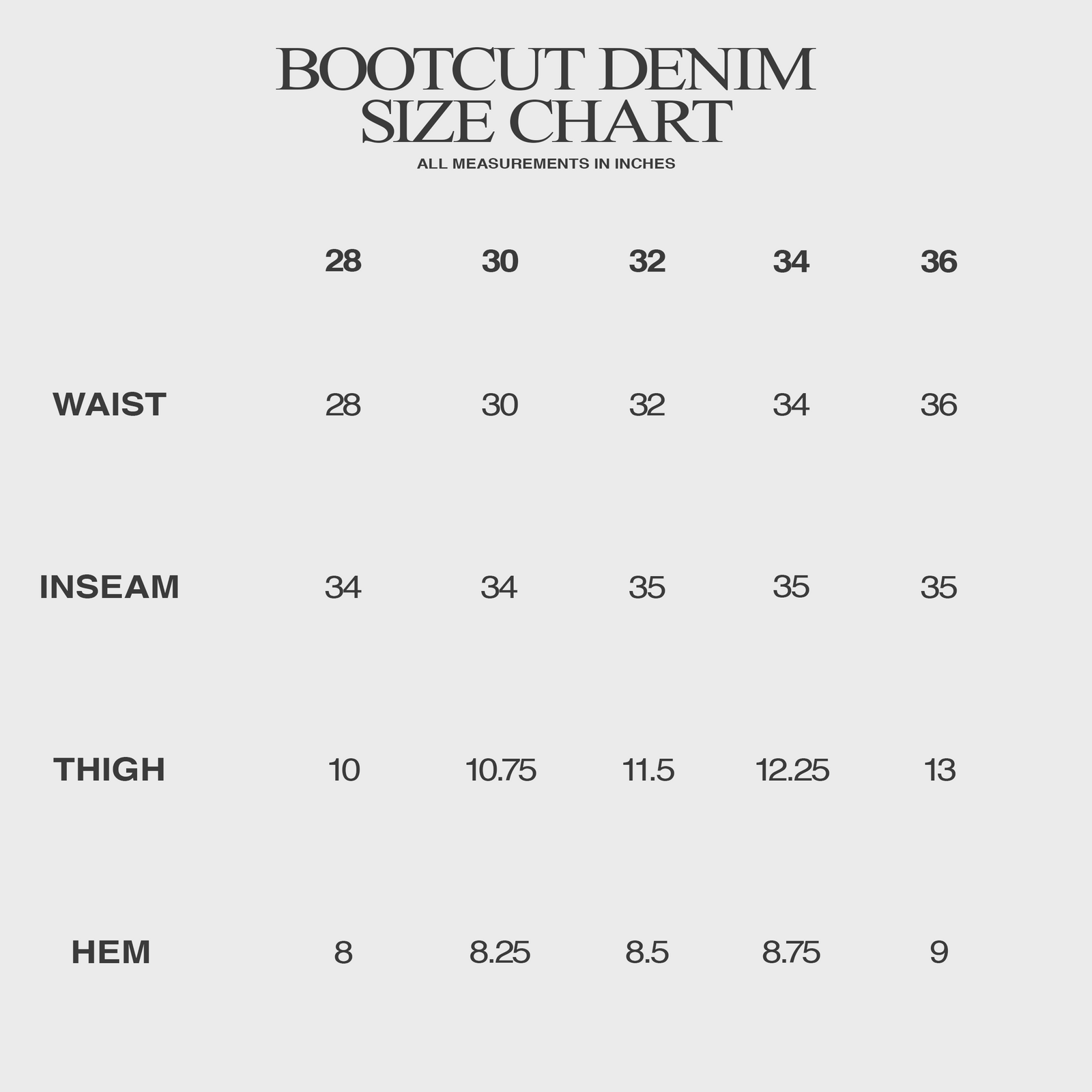 BOOTCUT JEANS IN NOIR WAXED SELVEDGE JAPANESE DENIM size chart