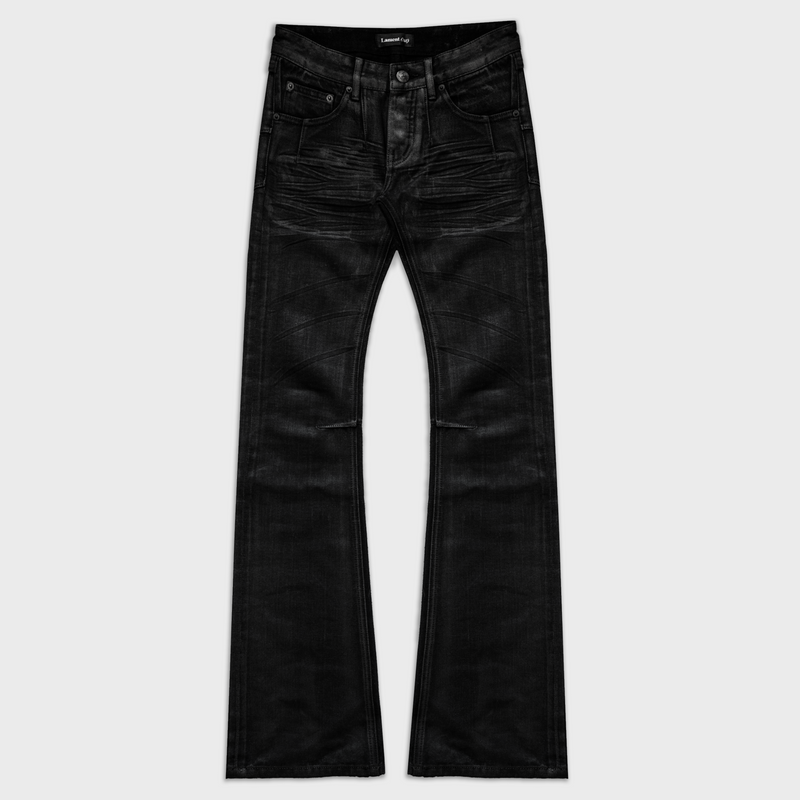 BACKSTAGE V3 FLARED JEANS IN WAXED SELVEDGE CHARCOAL DENIM