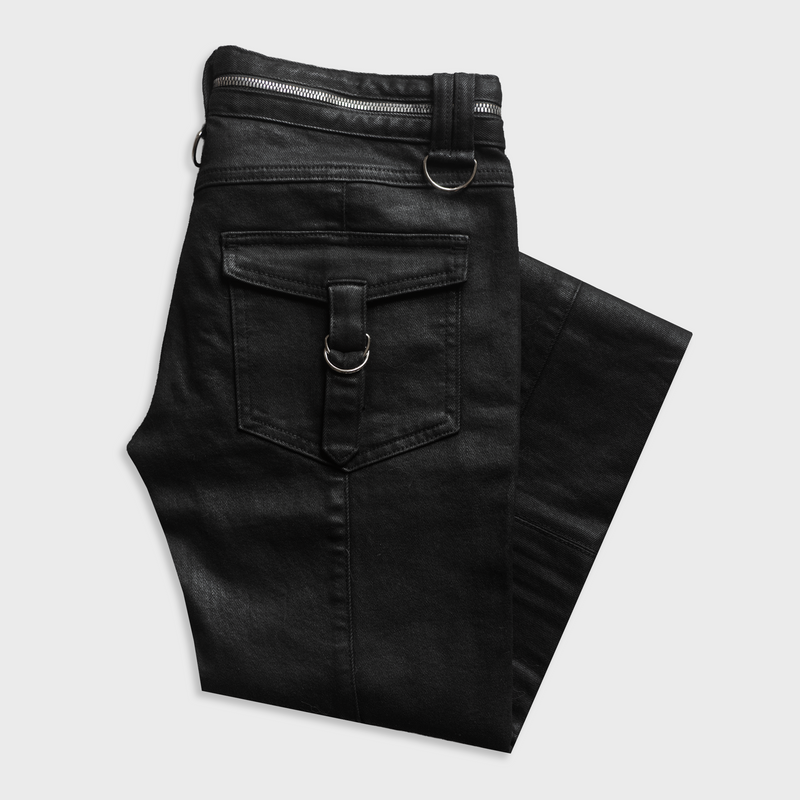 BIKER JEANS IN WAXED NOIR DENIM
