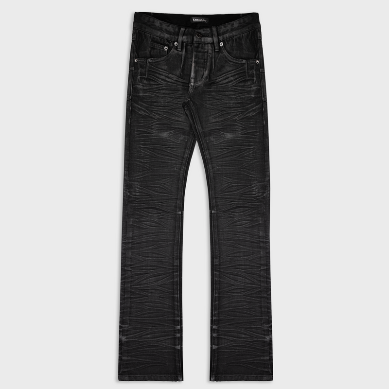 CRINKLE WAX SKINNY STRAIGHT JEANS IN SELVEDGE NOIR DENIM