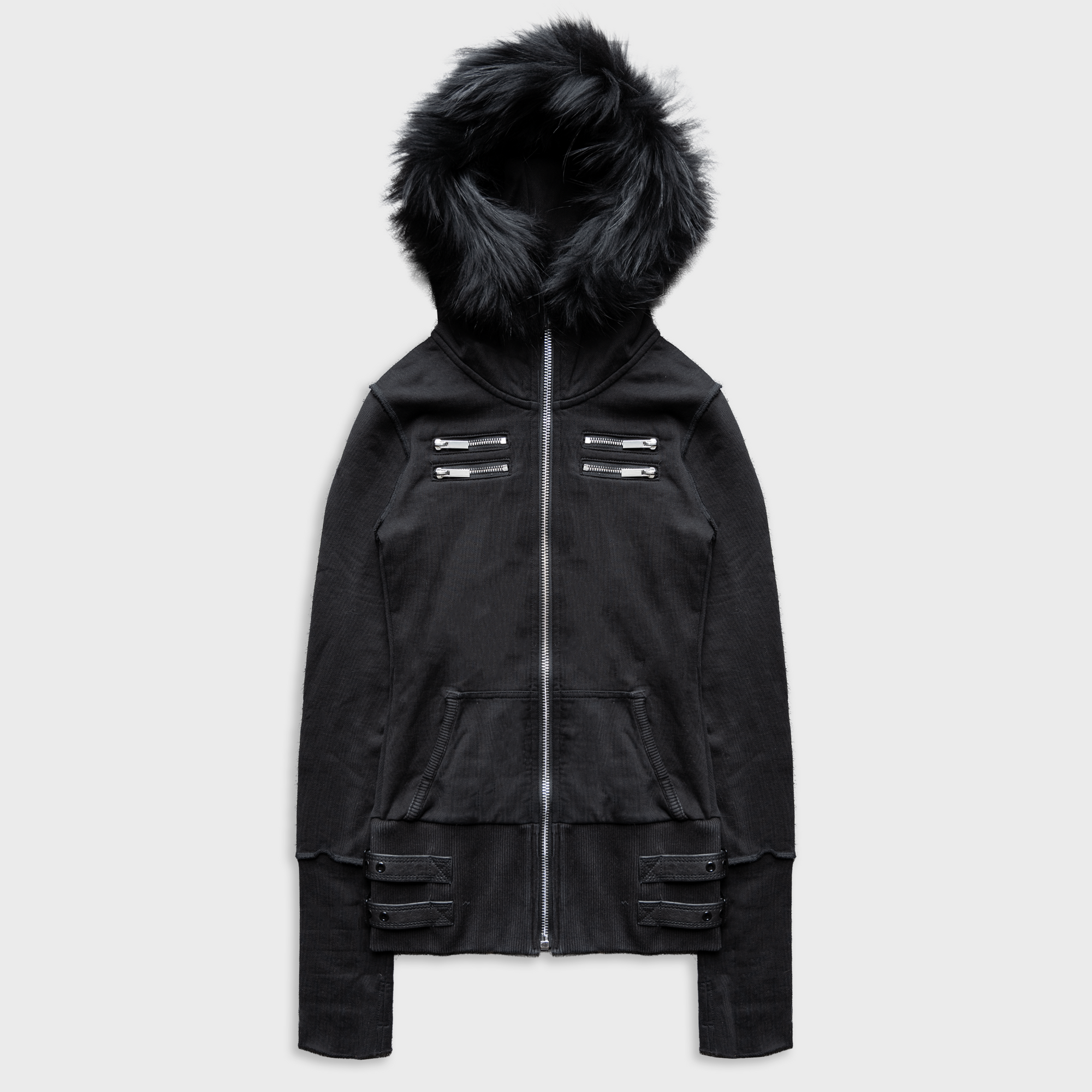 SKINNY FUR ZIP-UP HOODIE IN DARK NOIR COTTON