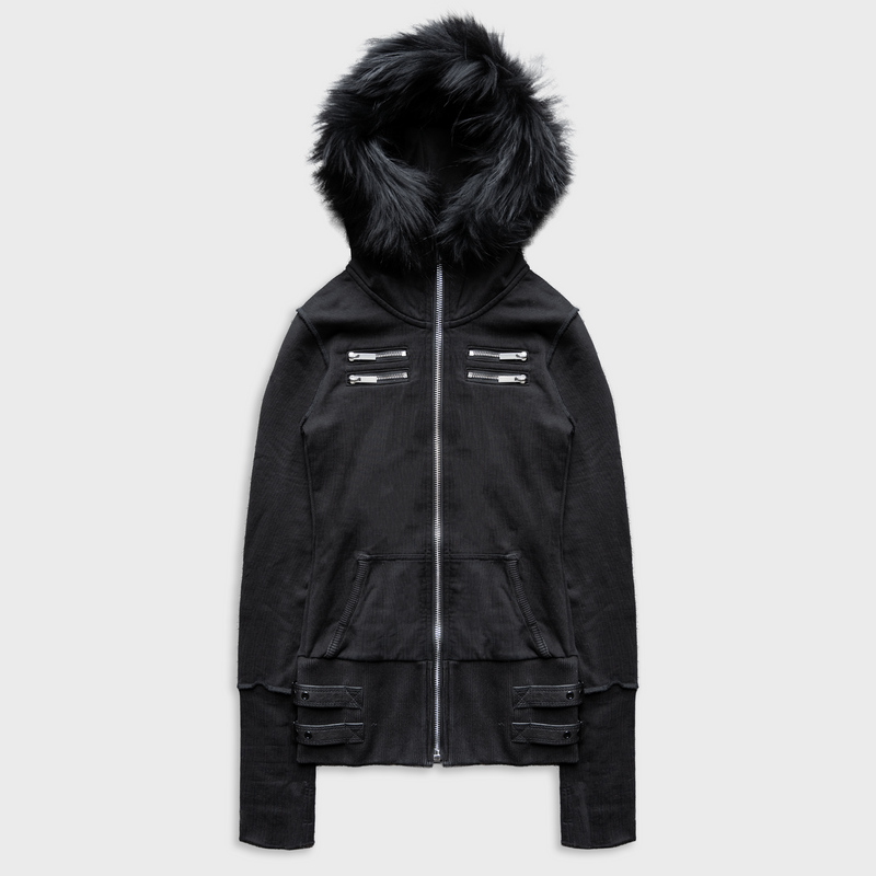SKINNY FUR ZIP-UP HOODIE IN DARK NOIR COTTON