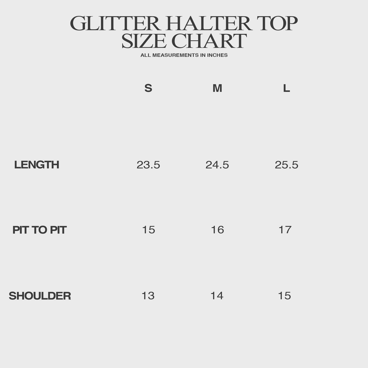 GLITTER HALTER TOP IN GOLD AND SILVER size chart