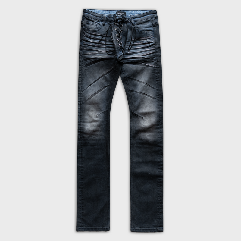 JESS LACE UP SKINNY JEANS IN BLACK DYED BLUE DENIM