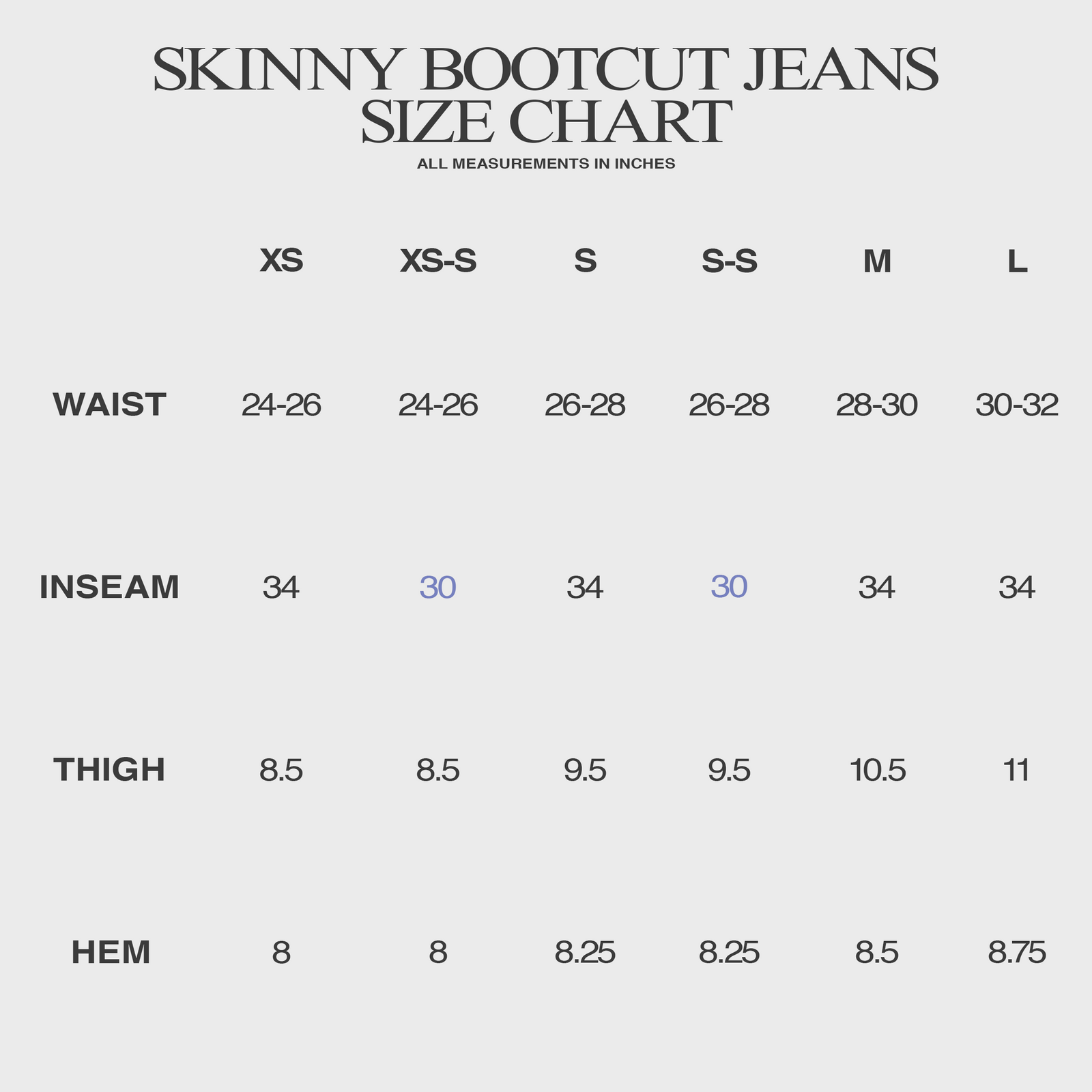 SKINNY BOOTCUT JEANS IN SOFT WAXED NOIR DENIM size chart