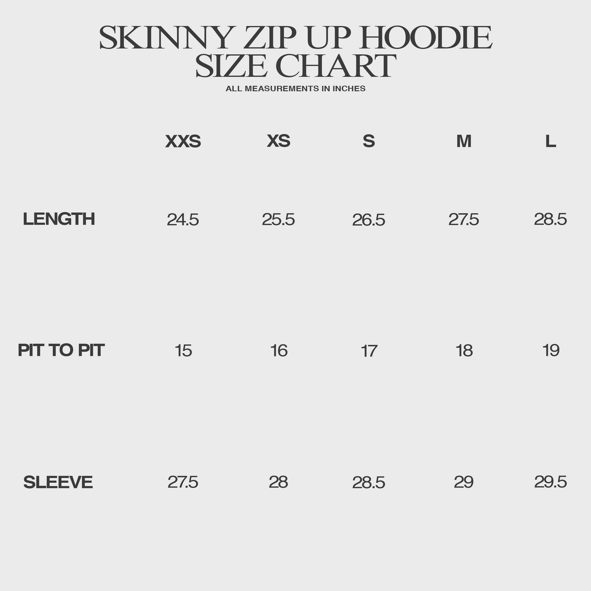 SKINNY FUR ZIP-UP HOODIE IN DARK NOIR COTTON size chart
