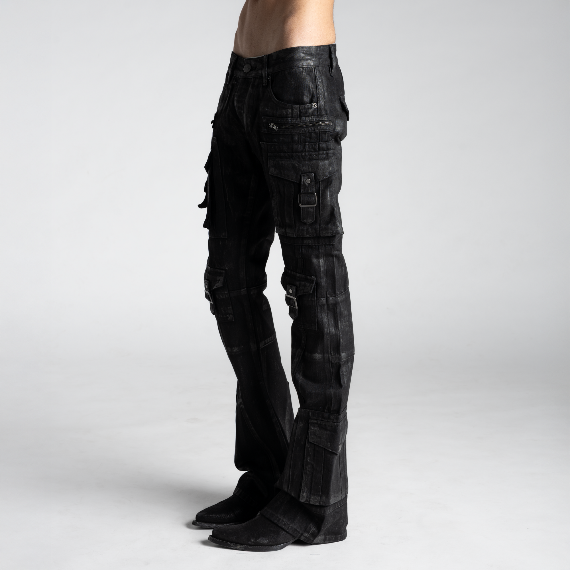 SAMPLE SALE ITEM #10 - BACKSTAGE FLARED CARGOS V3 IN WAXED DENIM