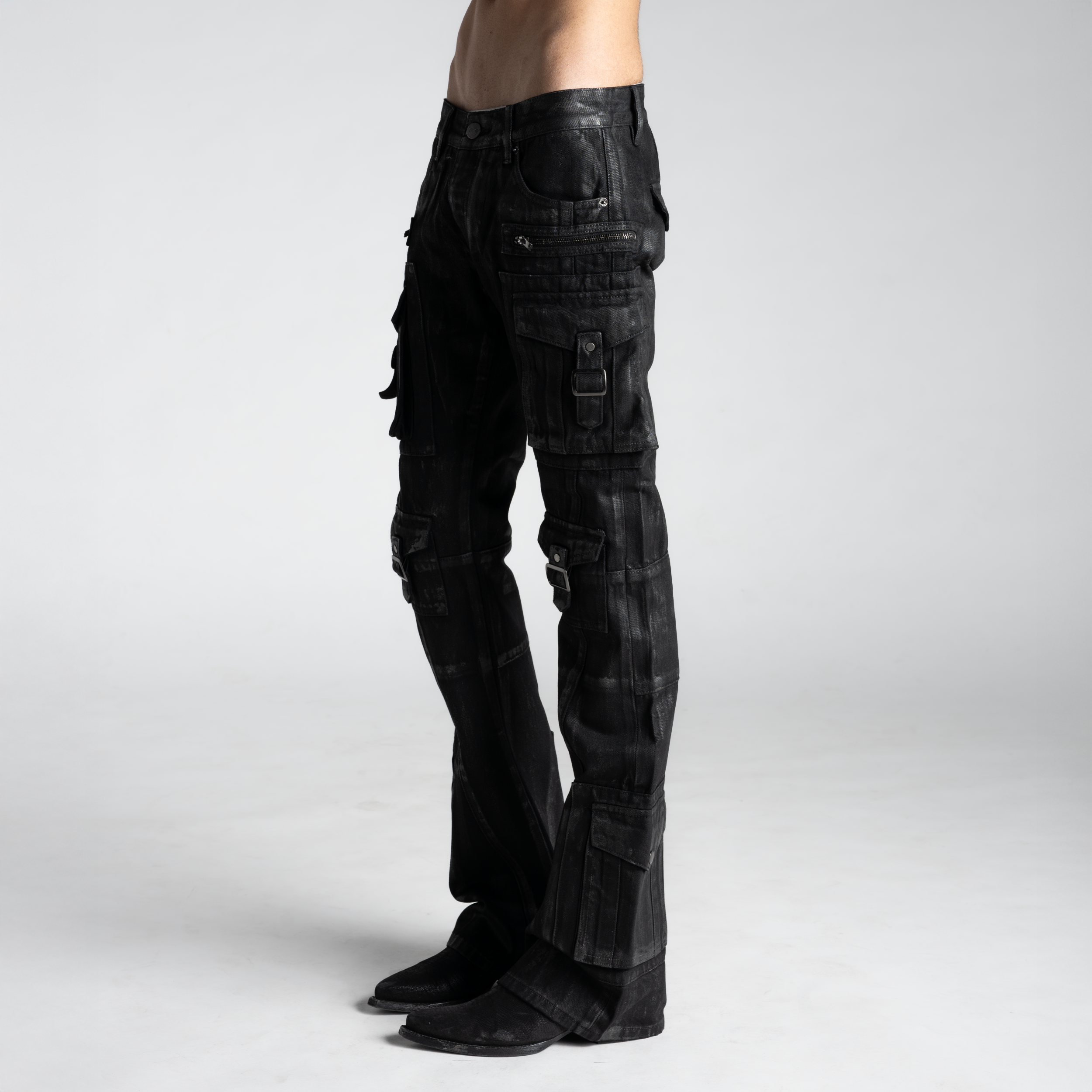 SAMPLE SALE ITEM #10 - BACKSTAGE FLARED CARGOS V3 IN WAXED DENIM