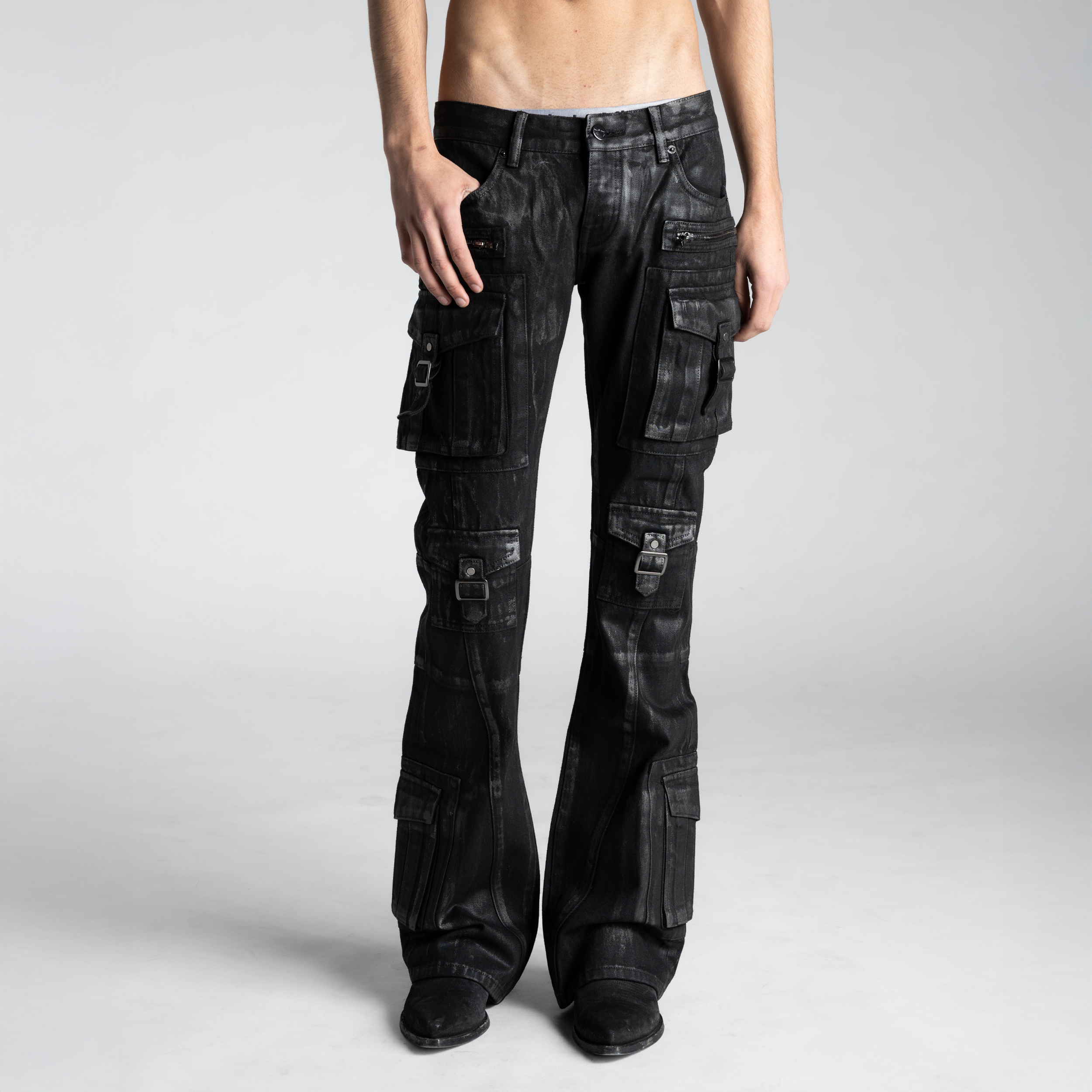 SAMPLE SALE ITEM #10 - BACKSTAGE FLARED CARGOS V3 IN WAXED DENIM