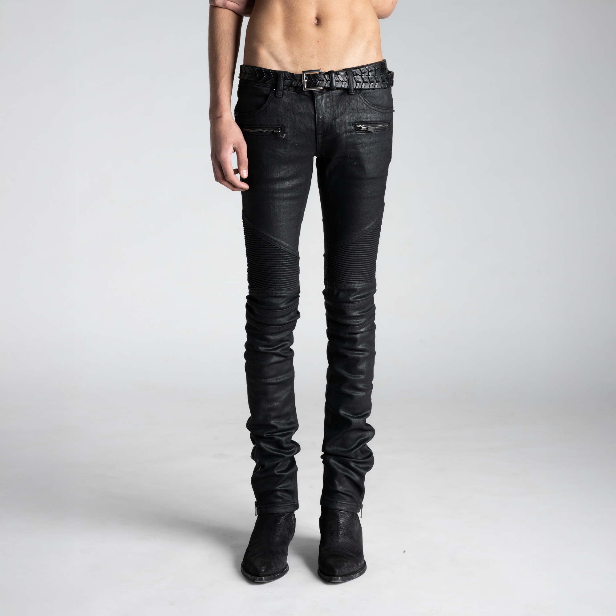 SAMPLE SALE ITEM #2 - UNISEX SKINNY STRETCH WAXED BIKER JEANS
