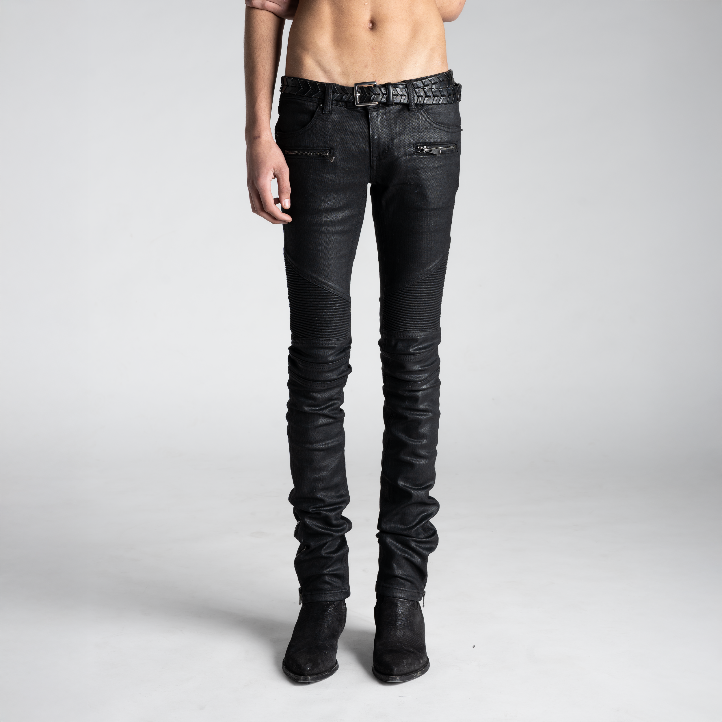 SAMPLE SALE ITEM #2 - UNISEX SKINNY STRETCH WAXED BIKER JEANS