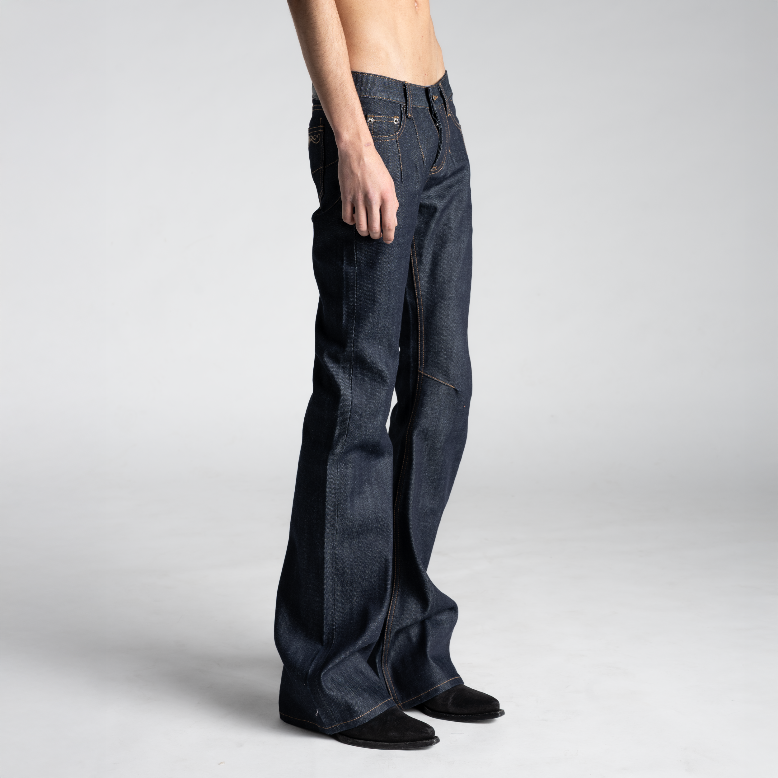 SAMPLE SALE ITEM #6 - BACKSTAGE FLARED JEANS IN RAW SELVEDGE DENIM