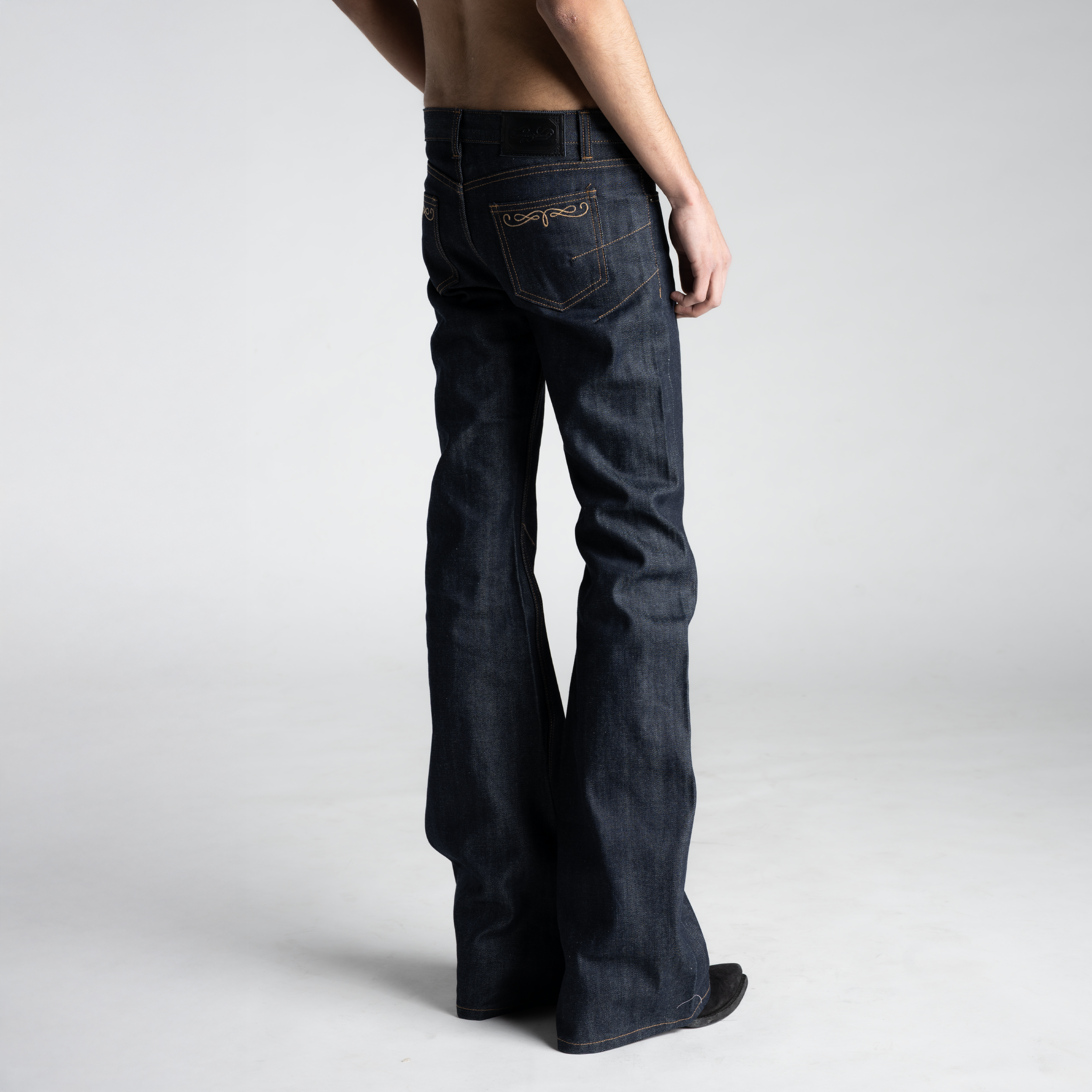 SAMPLE SALE ITEM #6 - BACKSTAGE FLARED JEANS IN RAW SELVEDGE DENIM