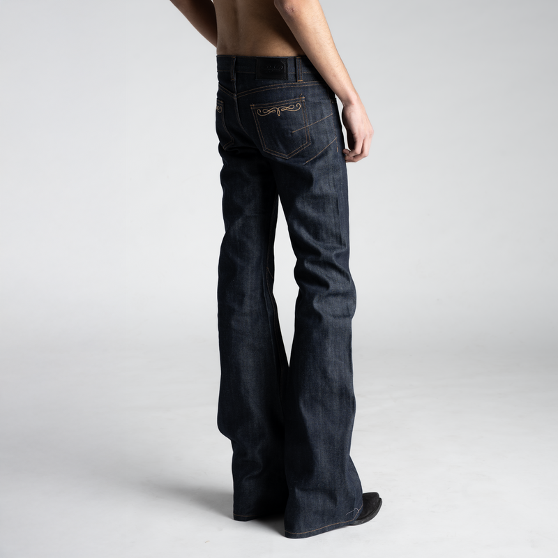 SAMPLE SALE ITEM #6 - BACKSTAGE FLARED JEANS IN RAW SELVEDGE DENIM