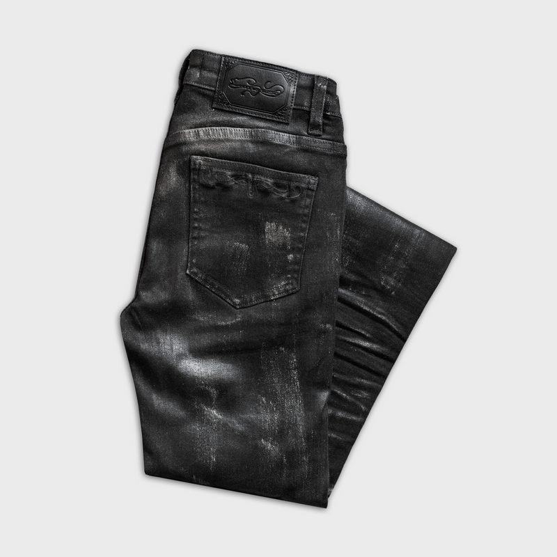 SKINNY FLARED JEANS IN WAXED BLACK DENIM