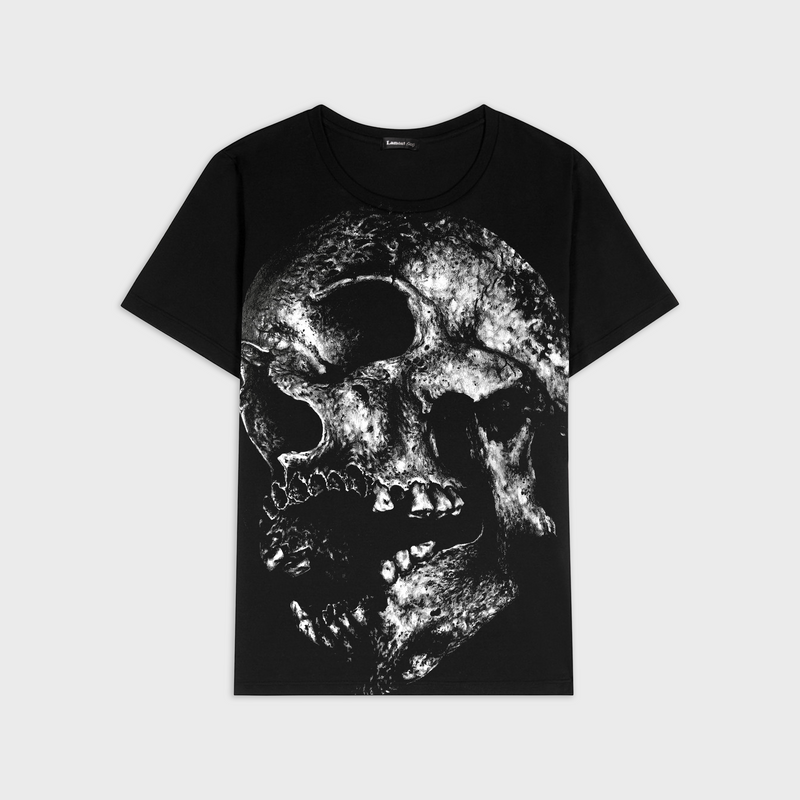 DECAYED SKULL GRAPHIC PRINT T-SHIRT IN SOFT BLACK COTTON