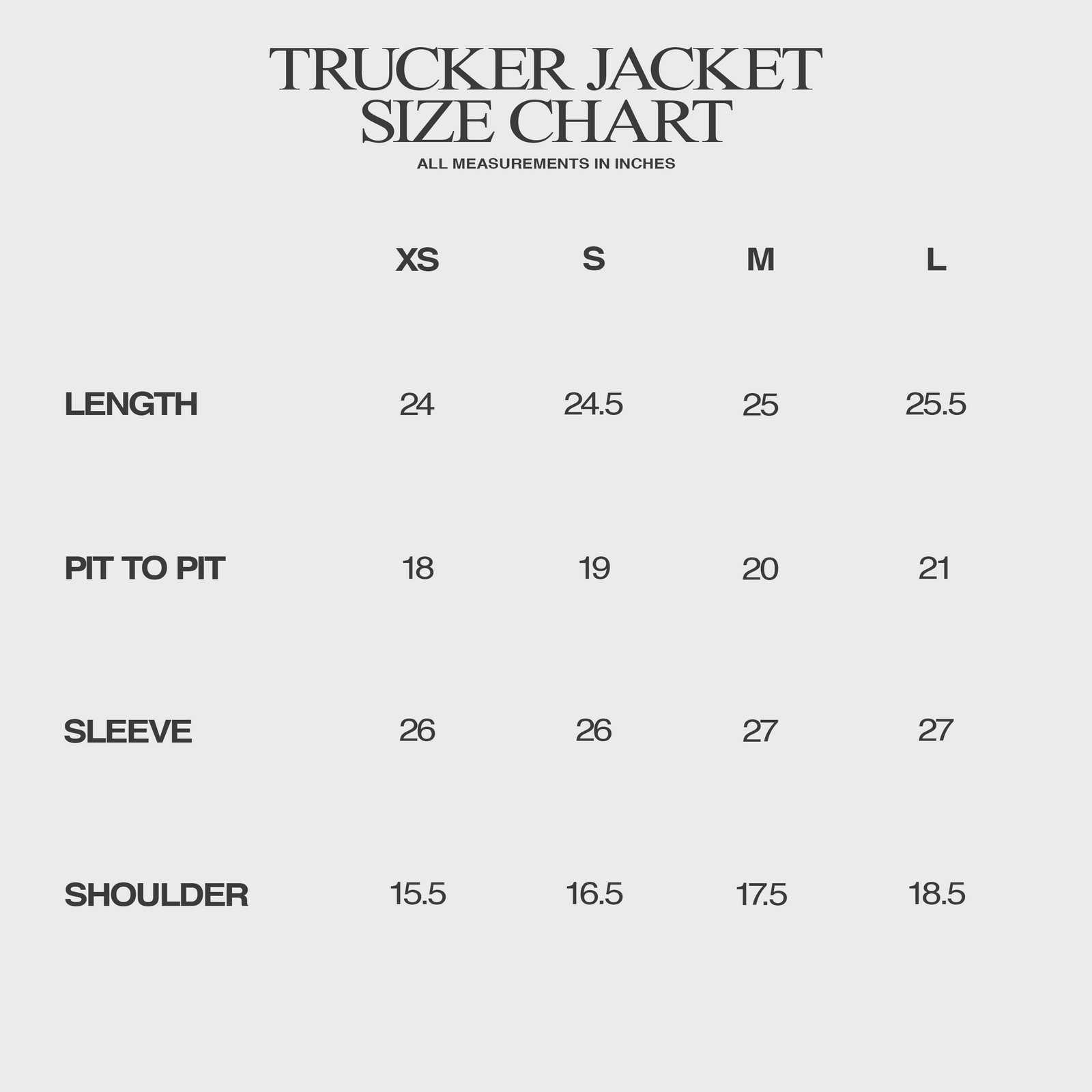 SIGNATURE TRUCKER JACKET IN WAXED NOIR DENIM size chart