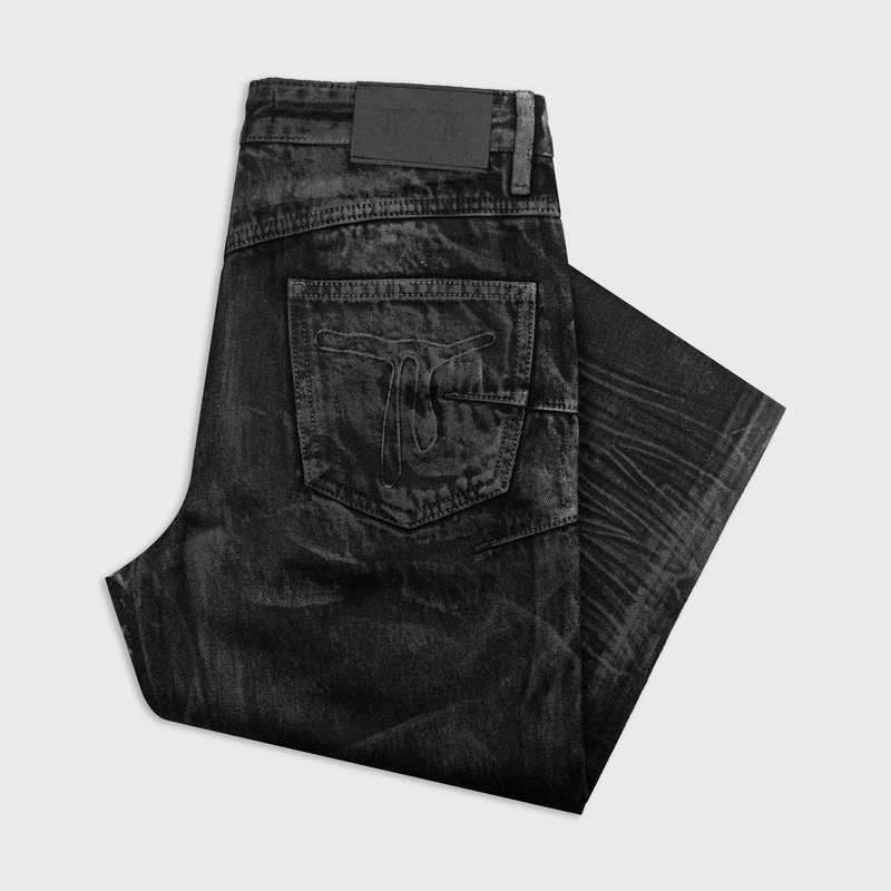 BACKSTAGE FLARED JEANS IN WAXED SELVEDGE CHARCOAL DENIM