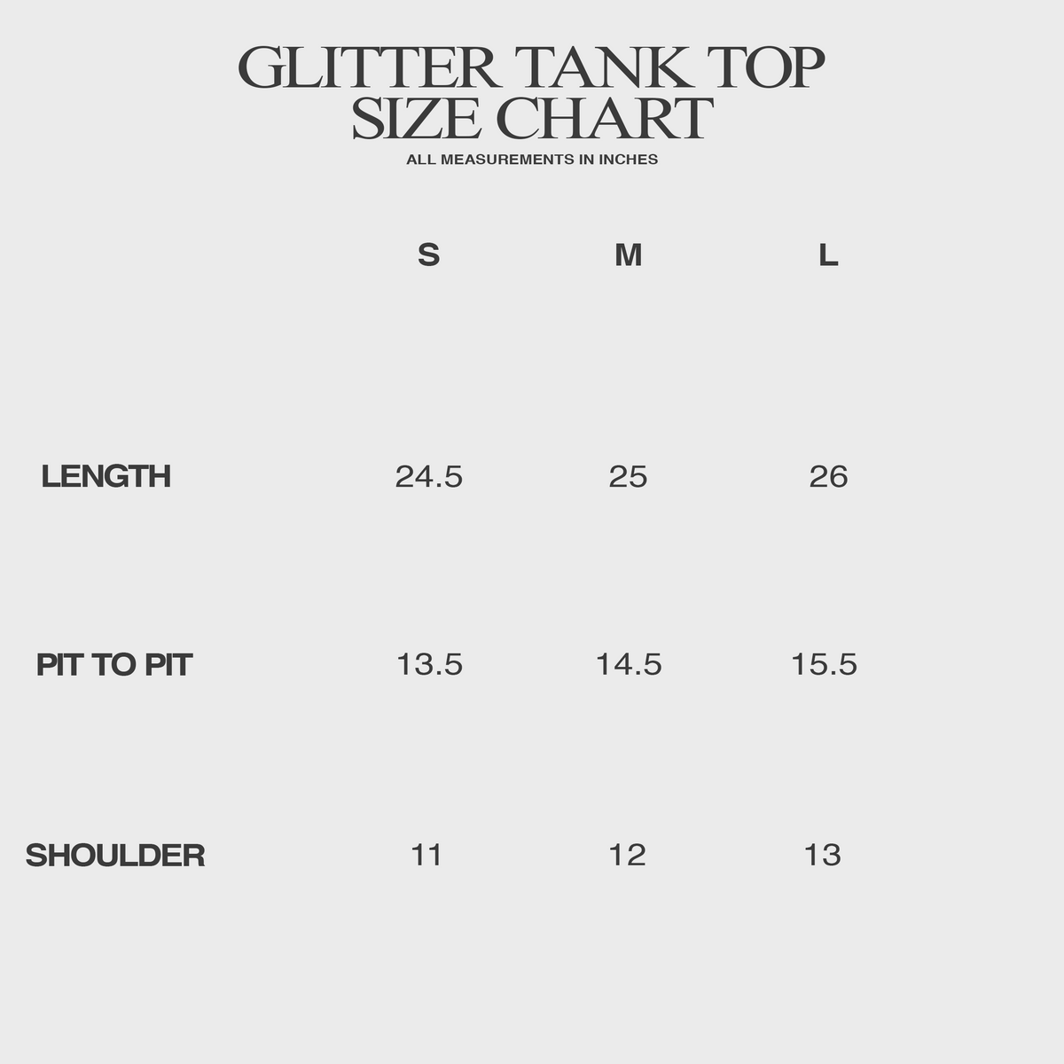 GLITTER TANK TOP IN SILVER size chart