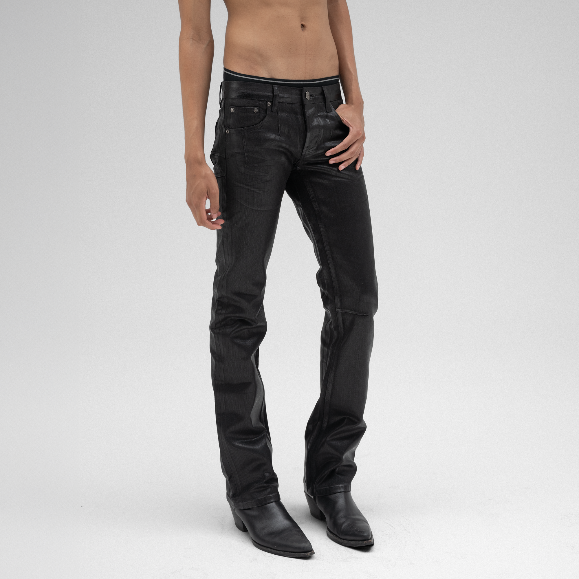 BOOTCUT JEANS IN NOIR WAXED SELVEDGE JAPANESE DENIM