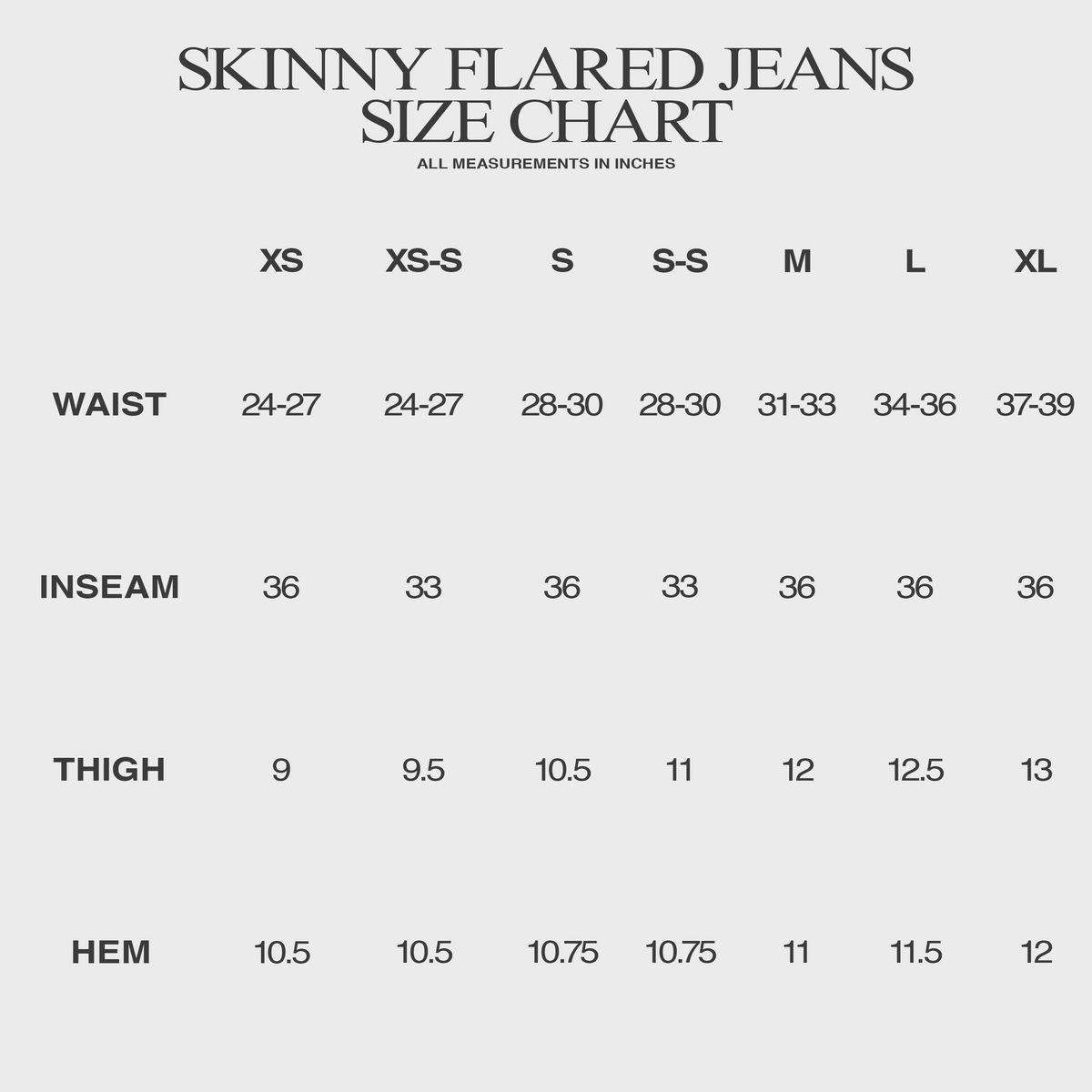 SKINNY FLARED JEANS IN WAXED BLACK DENIM size chart